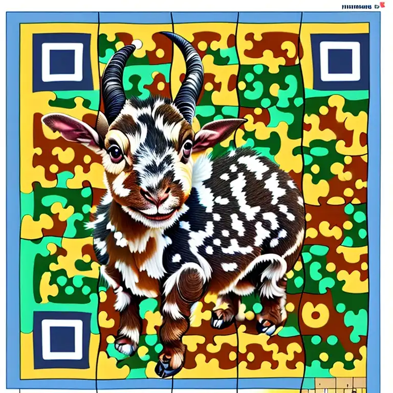 QR code art of a goat with a highly saturated puzzle-like background.